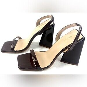 Pretty Little Thing Brown Wide Fit Pu Patent Triangle Block Heeled Sandals Sz 7